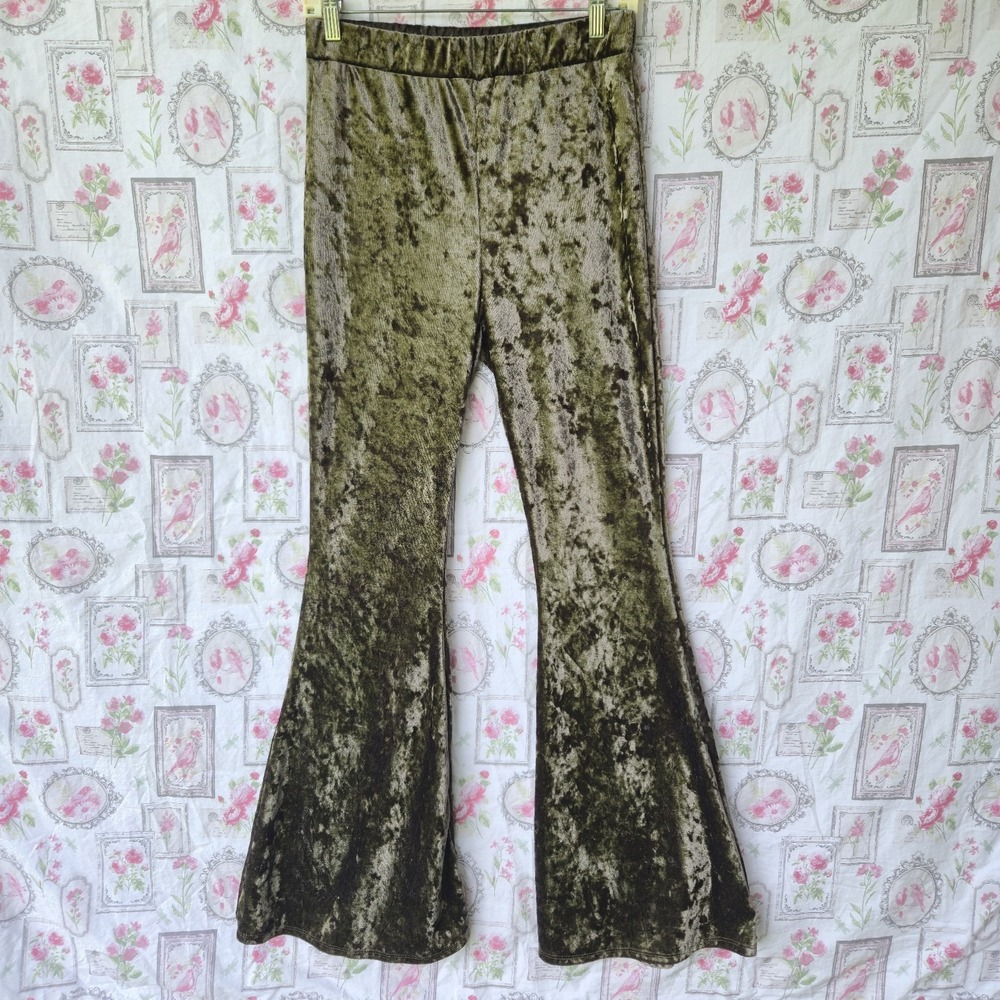 Olive Green Velvet Bell Bottom Small Flare Pants High Waist Boho 70s Festival